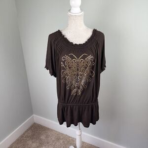 AVENUE WOMEN'S PLUS SIZE TUNIC SIZE 18/20 BROWN WITH GOLD DETAIL